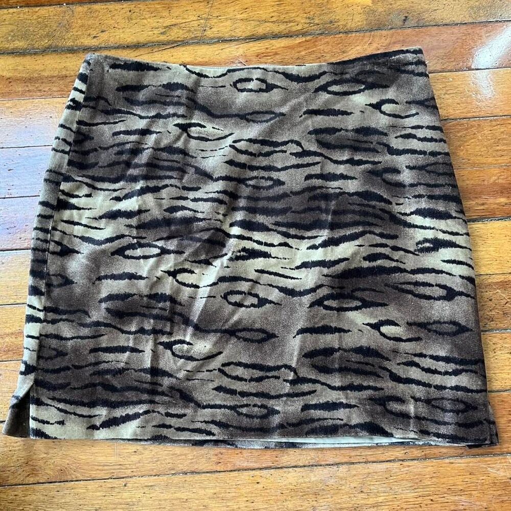 Vintage Ralph Lauren Tiger Print Velvet Mini Skirt Brown Tan Size 4 Small 90s